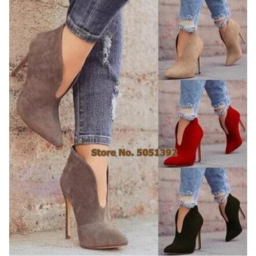 2019 Autumn Fashion Short Women Ankle Boots suede Heels High Heel Short Boots point toe Women Shoes Plus Size Elegant Pumps