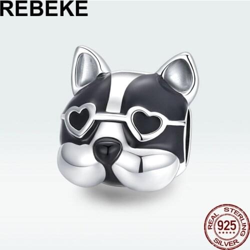 Auffik 100% 925 sterling silver Cute Bulldog charm fit bracelet enamel beads woman brand jewelry DIY pendant wedding gift making