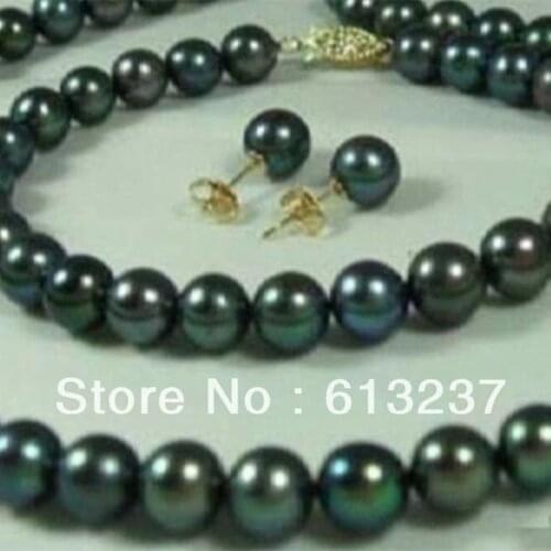 Free shipping 7-8mm light black cultured freshwater round pearl diy natural necklaces bracelets earrings set 18 inch MY4573