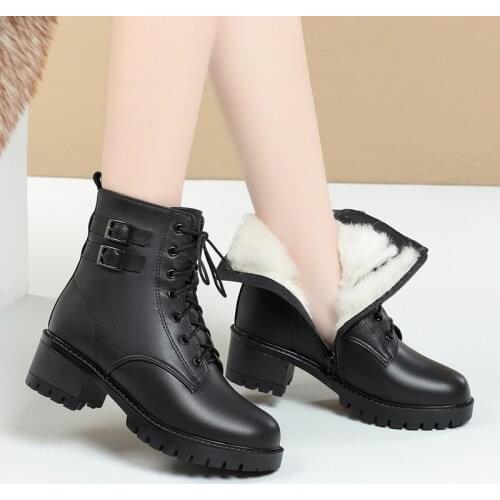 Genuine Leather Boots for Women Heels Platform Shoes Woman Booties Wool Ankle Boots Female Warm Black Shoes Women Large Size 43