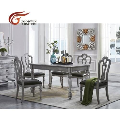 Wooden gray vintage dining room furniture table and leather chair and sideboard WA428