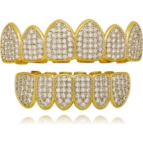 Hip Hop Teeth Grills Set Top&Bottom Gold Color Iced Out Grills Cosplay Grills Dental Tooth Caps Rapper Mouth Jewelry Party
