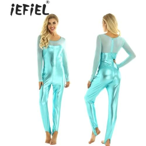 IEFiEL Women One-piece Stage Dancewear Shiny Metallic Stirrup Modern Catsuit Leotard Bodysuit Adult Dance Costume