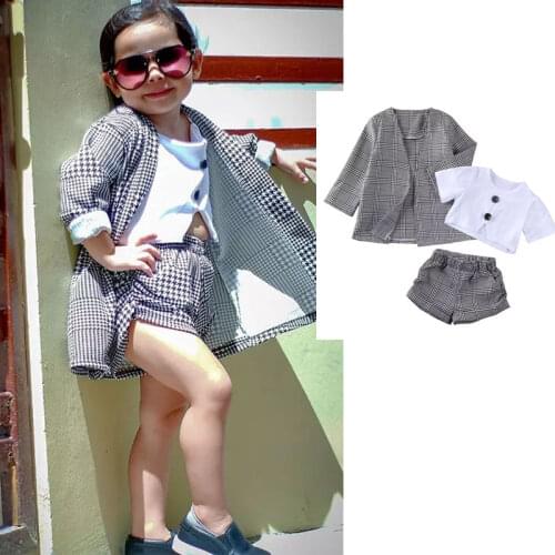 3pcs Plaid Childrens Formal Clothes Set Short Sleeve Top Shorts Coat Winter Warmer Clothes for 1-6Y Infant Baby Girl Kid New