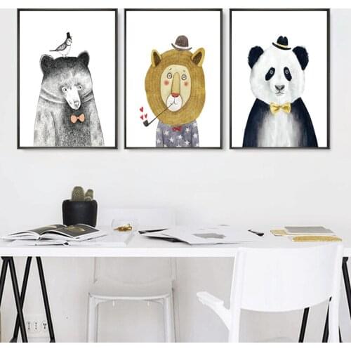 Cute Cartoon Animal Panda Lion Bear Canvas Painting Wall Art Nordic Posters and Prints Wall Pictures for Living Room Decoration