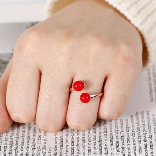Trendy Rose Gold Color Red Beads Open Ring For Women Engagement Party Wedding Jewelry Adjustable Accessories