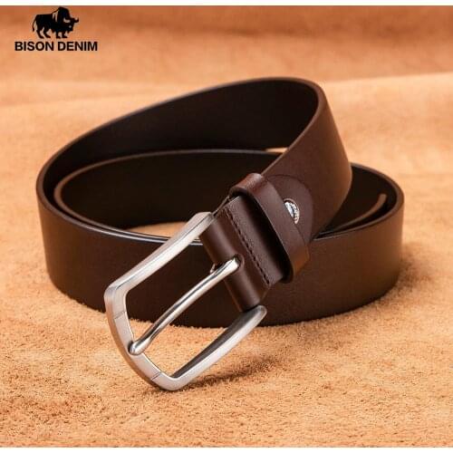 BISON DENIM Luxury Genuine Leahter Men Belt Stainless Steel Pin Buckle High Quality Real Leather Strp Classic Belt for Men