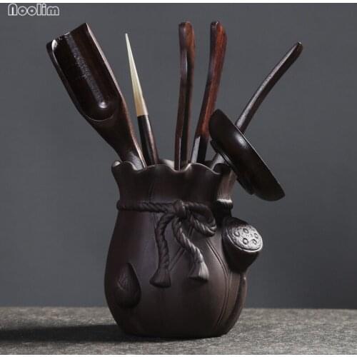 NOOLIM 6Pcs/Set Purple Clay Lotus Leaf Bag Shape Tea Ceremony Utensils Creative Bamboo Tea Clip Spoon Teahouse Tools