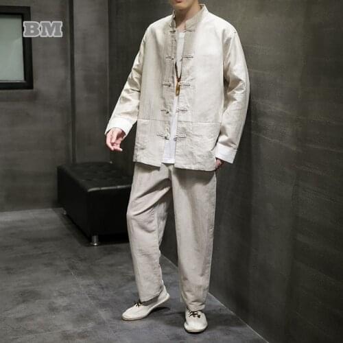 Chinese Style Linen Cotton Improved Hanfu Suit Loose Plus Size Tang Suit Jacket Tai Chi Kung Fu Two Piece Suit Men Clothing