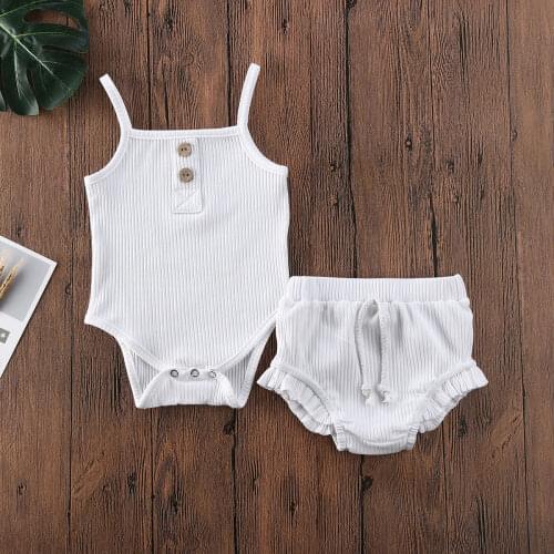 Pudcoco Newborn Baby Girl Clothes Summer Solid Color Knitted Cotton Sling Romper Tops Ruffle Short Pants 2Pcs Outfits Sunsuit