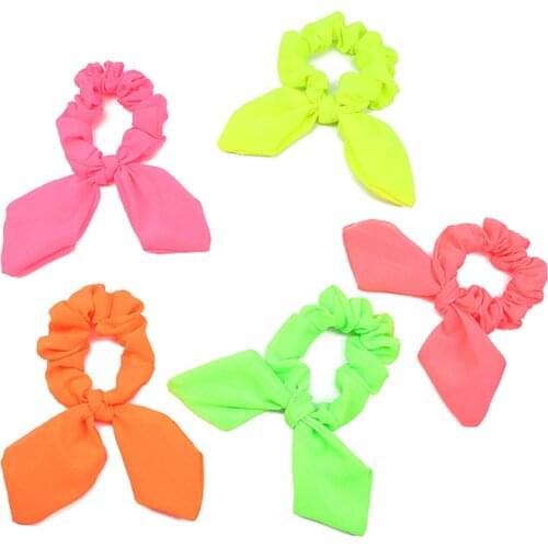2021 New Arrival Women Fluorescent Color Bow Hair Tie Neon Color Hair Scrunchies Girls candy Ponytail Holder Hair Accessories