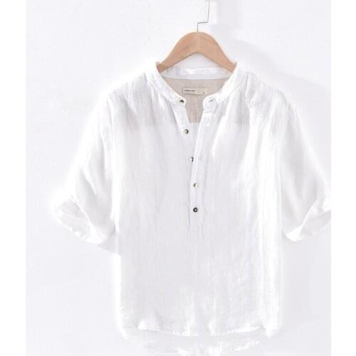 2021 Summer new style retro striped half sleeve shirt men brand linen white shirts men camisa chemise tops mens clothing