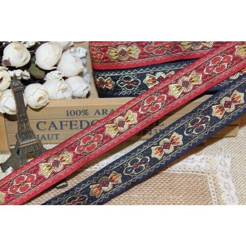 Wide 2.5cm 10yards/lot Polyester folk style Woven Jacquard Ribbon gold Geometric