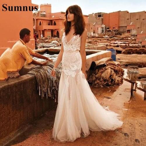 Sumnus Bohemian Mermaid Wedding Dresses 2021 Sexy Backless Bridal Dress Lace Appliqued Tulle Wedding Gowns vestidos de novia