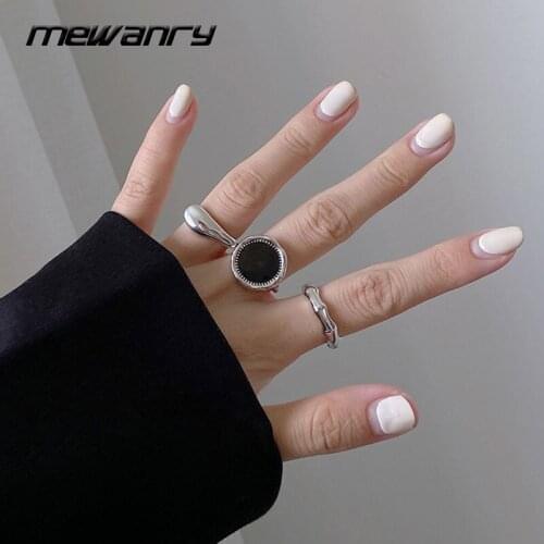 Mewanry 925 Sterling Silver Open Rings for Women Summer New Trendy Elegant Simple Glossy Black Geometric Birthday Party Jewelry