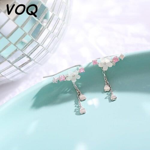 VOQ 925 Sterling Silver Sweet Pink Cherry Shell Shell Tassel Earrings for Women Girls Party Fashion Jewelry Gifts
