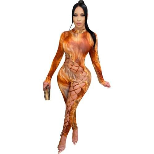 Adogirl Women Tie Dye Print Jumpsuit Sexy Hollow Out Lace Up Bandage Romper O Neck Long Sleeve Skinny Playsuit Fashion Clubwear