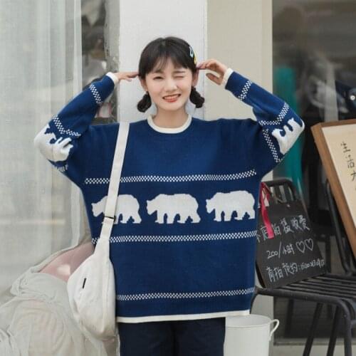 Cartoon Bear Jacquard Harakuju Knit Sweaters Women 2021 Winter Warm Cute Pullover Jumpers Korean Fashion Ladies Soft Kawaii Tops