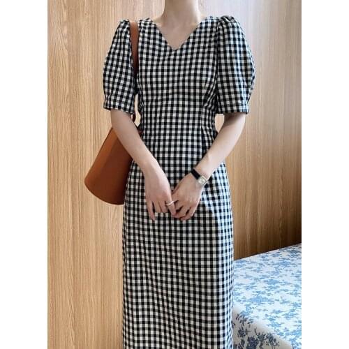 New Cotton Fabric Women Plaid Printed Dress V-Neck Puff Sleeves Retro Casual Lady Straight Long Dress Vestidos