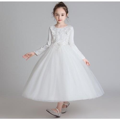 2021 Long Sleeve Bridesmaids Lace Dress Flower Party Wedding Dress For Girls Pageant Formal Ball Gown Dress kids Costume 8 12 Y