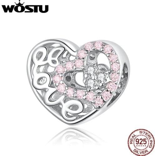 WOSTU 925 Sterling Silver Love Heart Beads Pink Zircon Openwork Charms Fit Original Bracelet Pendant For Women Jewelry CQC1301