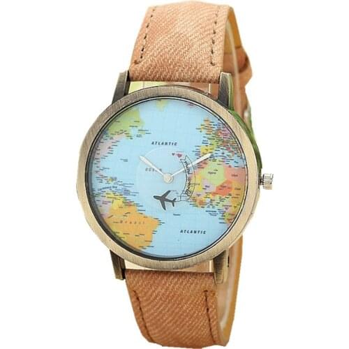 Hot Sale Mini World Fashion Quartz Watch Men Unisex Map Airplane Travel Around The World Women Leather Dress Wrist Watches