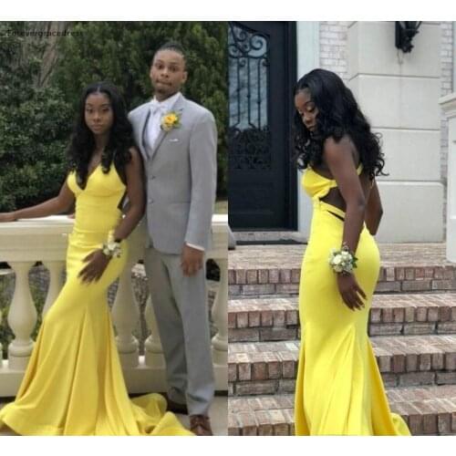 Yellow Color Mermaid Long Prom Dresses 2019 African Black Girls Pageant Holidays Graduation Wear Formal Evening Party Gowns