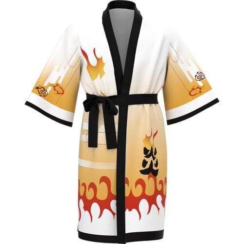 Anime Kids Adult Demon Slayer Rengoku Kyoujurou Cosplay Long Robe Belt Japanese Kimono Cardigan Bath Robe Sleepwear