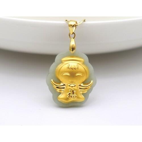 Natural Hetian White Jade Inlay 24K Gold Pendant Child Angel Necklace Men and Women Jade Lovers Jewelry Gift