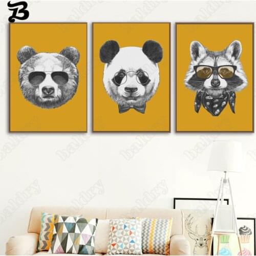 Canvas Painting for Living Room Bear Panda Raccoon Head Wall Art Funny Posters and Prints Wall Pictures for Kids Room Home Decor