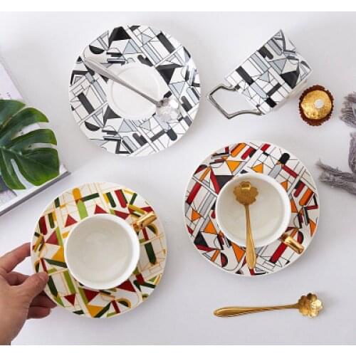 Ceramic Tea Cups And Saucer Sets geometric coffee cup plate mug cake plate afternoon tea set Drinkware Birthday Gift