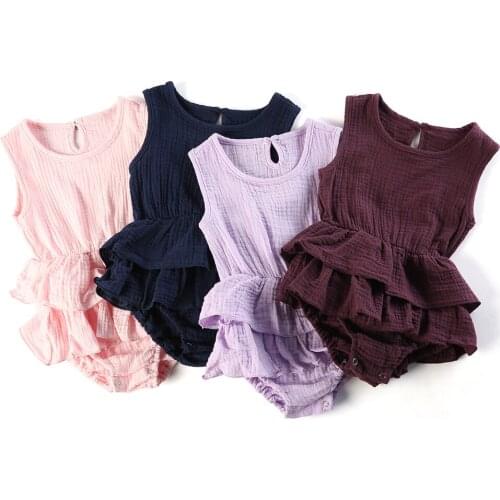 Newborn ruffle Infant Baby Girl one piece muslin summer plain color linen Sleeveless Romper Jumpsuit clothes bodysuits