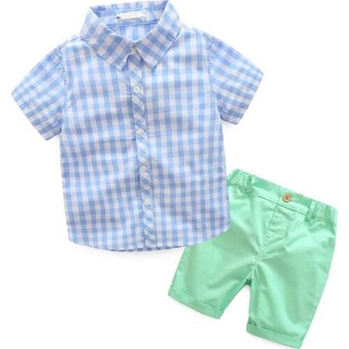 Kids Clothes Set Toddler Boys Short Sleeved Plaid Stand Collar Shirt +Elastic Shorts 2Pcs Gentleman Set