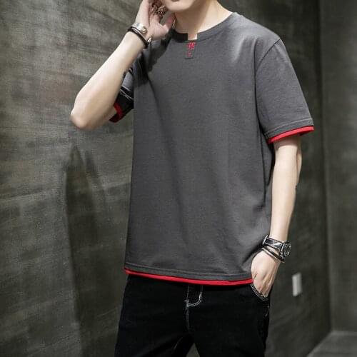 Summer Students New Mens Short Sleeve Korean Shirt Round Neck Solid Color Trend Half Sleeve Loose Ins Fashion Boys Cool Clothe
