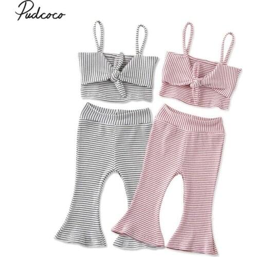 2020 Baby Summer Clothing 1-6Y Kids Baby Girl Sleeveless Striped Bowknot Vest Tops+Flared Pants 2PCS Sets Outfit Clothes