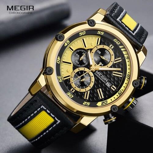 MEGIR Mens Leather Strap Sports Chronograph Watches Fashion Waterproof Luminous Analogue Quartz Wristwatch for Man 2079GDBK