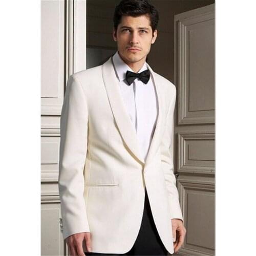 Veiai Men Suit New Fashion Ivory Satin Shawl Lapel Groom tuxedo/Wedding Suits For Men 2 pieces Suits ( jacket+Pants+tie)