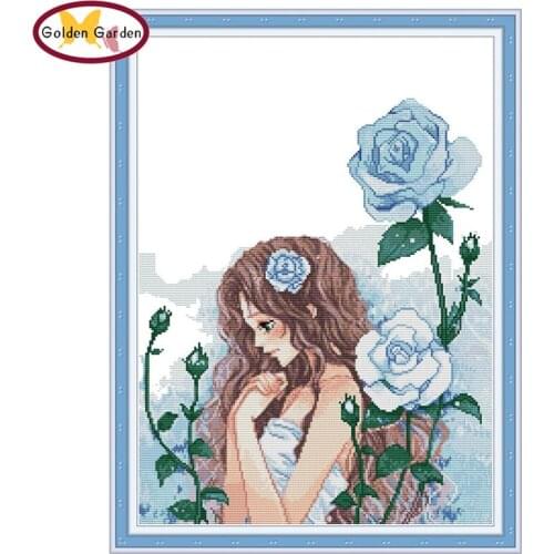 GG Maiden&Blue Rose Cross Stitch Pattern Embroidery Needlework Set Joy Sunday Cotton Canvas 11CT Cross Stitch Kit for Home Decor