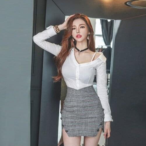 New arrival fashion korean set women spring OL temperament casual off-shoulder white shirt and plaid mini skirt two piece set