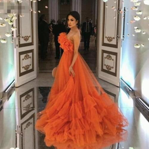 2021 Orange Ruffles Tulle Evening Party Dresses Strapless Tiered Plus Size Prom Dresses A Line Special Occasion Gowns