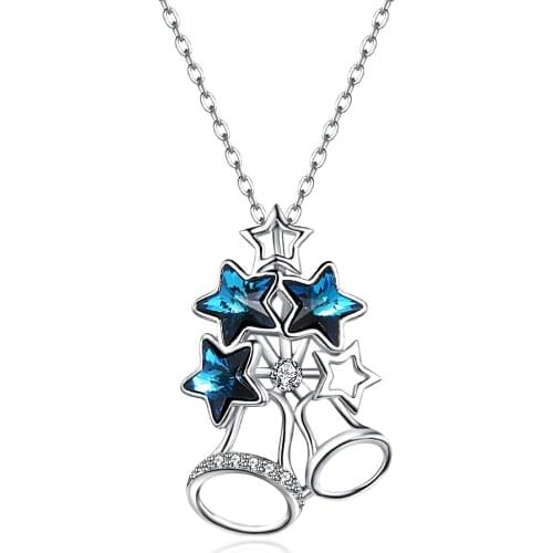 SILVERHOO Christmas Bell Necklaces Women 925 Sterling Silver Blue Star Austria Crystal Pendant Necklaces Fine Party Jewelry