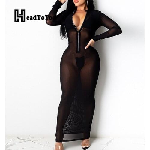 Sexy See Through Mesh Maxi Bodycon Party Dress Women Long Sleeve Zipper Neck Sheath Club Dresses