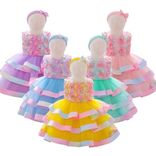 Princess Cupcake Dress Flower Elegant Girls Tutu Dresses Party Sleeveless Printing Net Yarn Clothes Western Style For Baby Girl