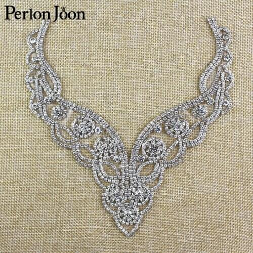 6.97*7.5 inch Iron-On Rhinestone necklines for width V neck Clothing Back Iron-on Bridal dress Accessories TJ 051