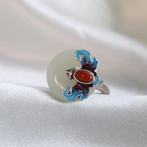 SNew Silver Original Design Burnt Blue Retro Niche Chinese Ethnic Palace Style Natural Hetian Jade Women Open Adjustable Ring