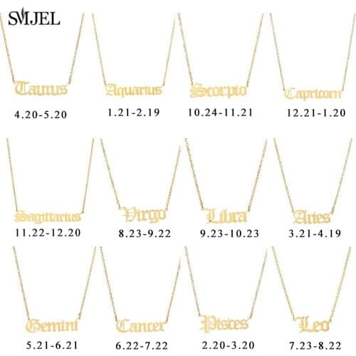 Unique Old English Zodiac Necklaces for Women Girls Fashion Stainless Steel 12 Constellation Jewelry Star Choker Birthday Gift