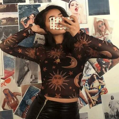 Women Sheer Mesh Sexy T Shirt Crop Top See Through Long Sleeve Top Tee Printed Casual Ladies Costume Summer Clothes Fashion 2019