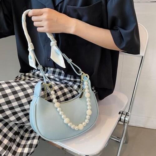 Luxury Brand Pu Womens Shoulder Bag High Quality Pearl Chain Handbag Woman Designer Crescent Crossbody Bag Women Summer New