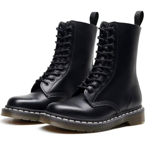 Women Motorcycle Boots Wedges Flat Boot Female Genuine Leather Boots Lace Up Couples Men High-top Shoes Winter Black Punk Boots