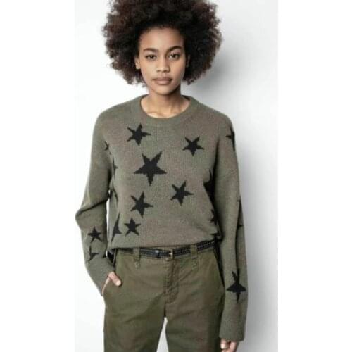 2021 Autumn Woman 100% Cashmere Army Green Sweaters Black Stars Patchwork Round Neck Drop Shoulder Oversize Knits Jumper Tops
